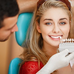 A dentist prepping a woman for teeth whitening treatment